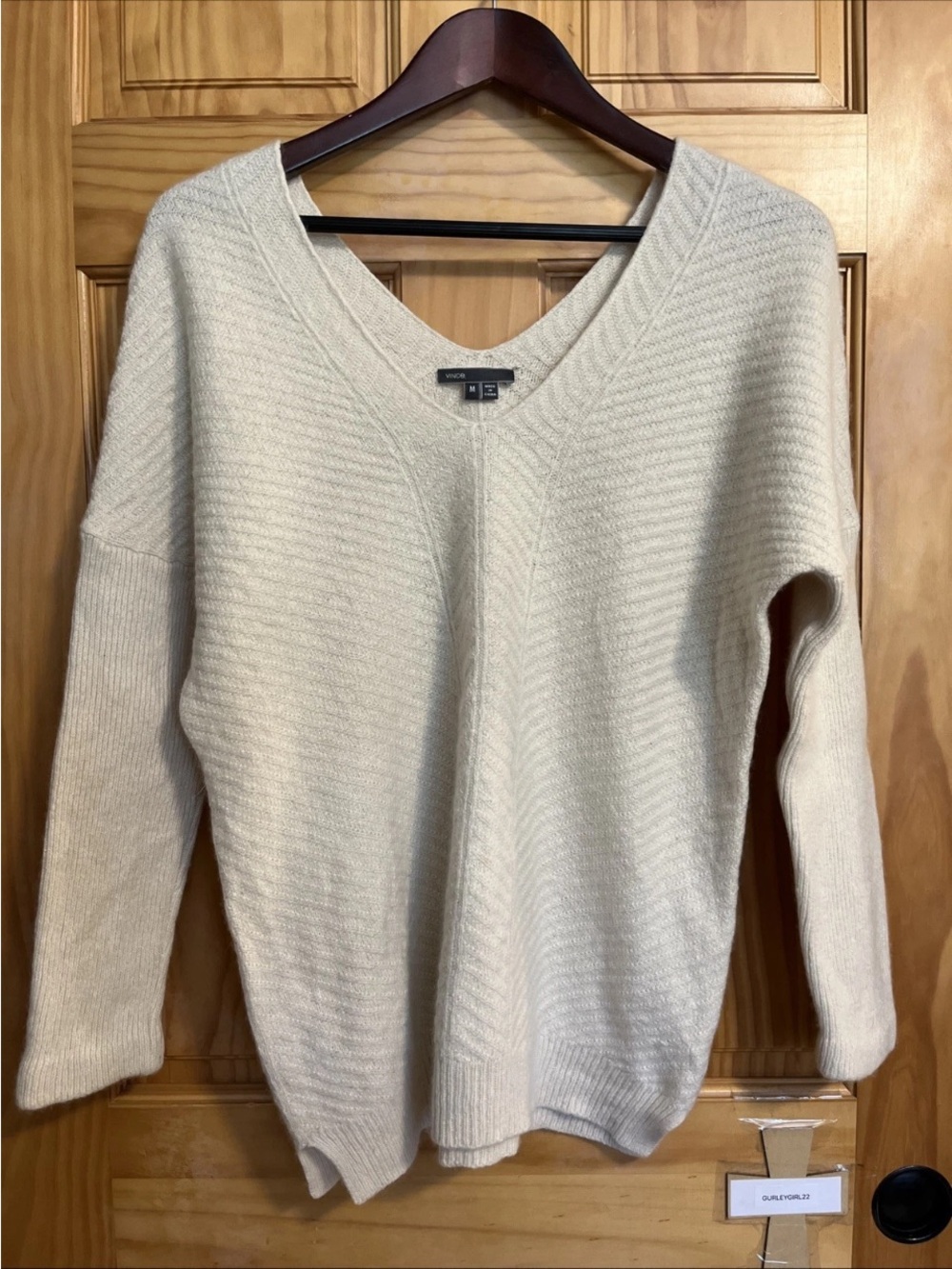 Vince Cashmere Blend Ivory V-Neck Ribbed Knit Sweater M